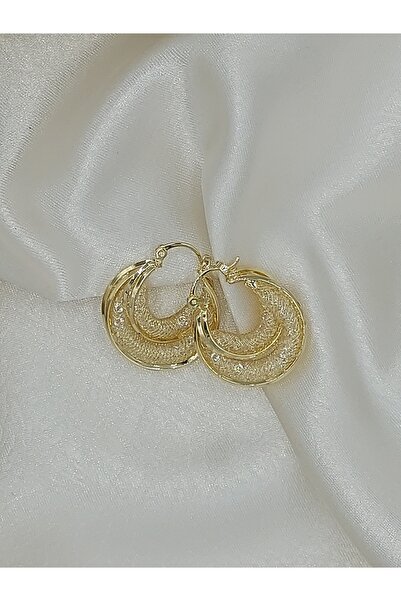 Butik Altın Renk Çift Halka Gümüş İğne Küpe