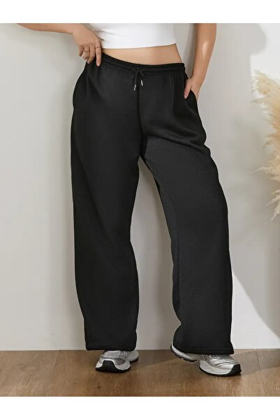 CAONNES Pantaloni de trening negri pentru femei, largi, de mărime mare, cu cr...