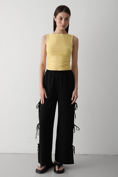 Laluvia Black 100% Cotton Side Slit and Binding Detailed Trousers - 3528