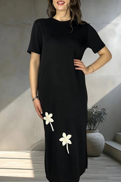 mefru Γυναικείο φλοράλ λεπτομερές ύφασμα Modal κοντομάνικο μακρύ φόρεμα με σχισμή