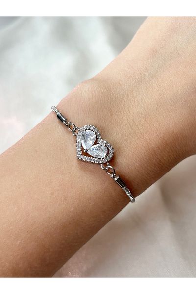 Eylülün Takısı Women's Silver Color Nested Stone Heart Bracelet