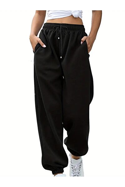 CAONNES Pantaloni de sport negri pentru femei, mărime mare, cu croială lejeră...