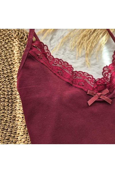 HS İÇ GİYİM Burgundy Rope Strap V-Neck Lace Cotton Women's Undershirt