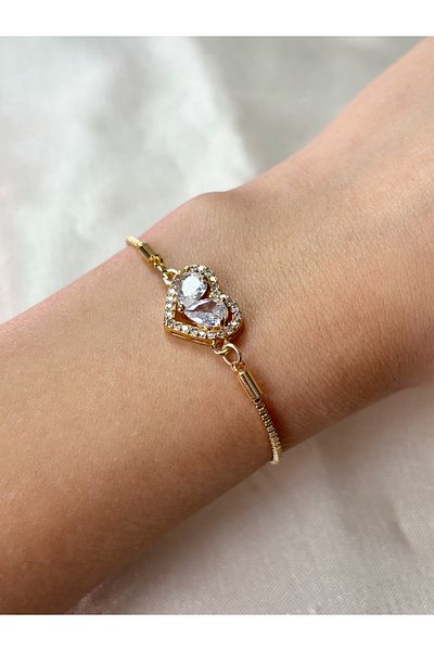 Eylülün Takısı Women's Gold Color Nested Stone Heart Bracelet