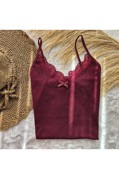 HS İÇ GİYİM Burgundy Rope Strap V-Neck Lace Cotton Women's Undershirt