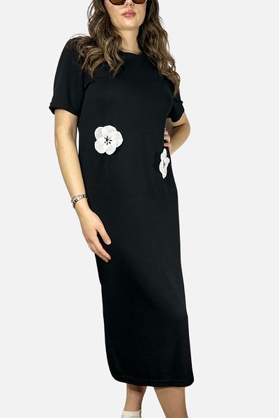 mefru Rochie lungă cu mânecă scurtă din țesătură modal cu talie florală pentru femei