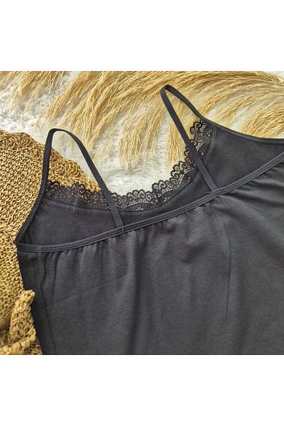 HS İÇ GİYİM Cotton Black Women's Tank Top – Rope Strap, Round Neck, Elegant Lace