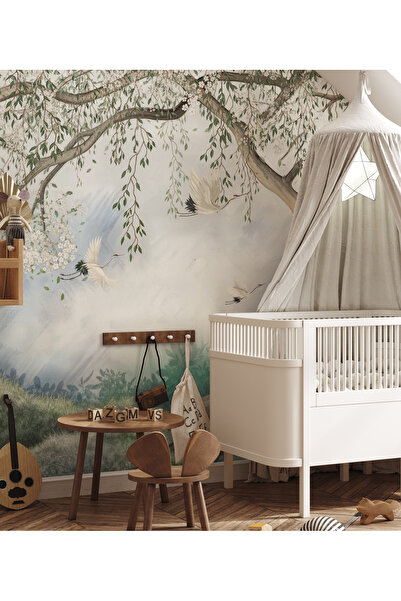 Tasarım Beyaz Küçük Bahar Çiçekleri Ağaç ve Leylekler Doğa Temalı Çocuk Odası Duvar Kağıdı
