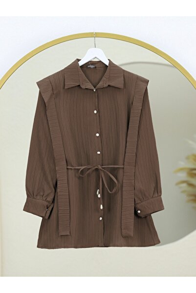 HİJABAYA İnci Düğmeli Omuzu Ve Beli Bağlamalı Krinkıl Gömlek