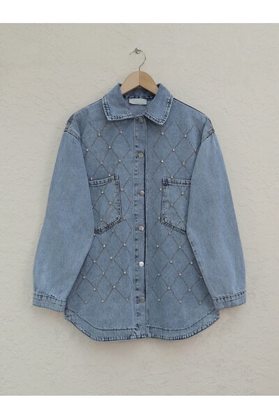 HİJABAYA Stone Detailed Double Pocket Metal Buttoned Denim Jacket