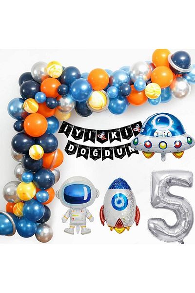 Patladı Gitti Space Themed Birthday Set 5 Years Old; 4 Foil, 56 Latex Balloons, Banner, Balloon Chain, Balloon Tape