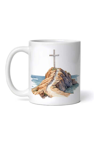 OEM Cană albă personalizată, Cruce pe stâncă lângă mare, Inovatix®. 330 ml