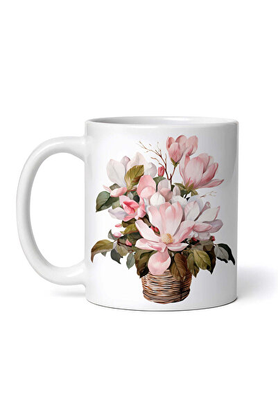 OEM Cană albă personalizată, coș rotund din răchită cu magnolii, Inovatix®. 3...