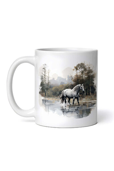 OEM Cană albă personalizată, Cal prin lac în pădure, INOVATIX®. 330ml