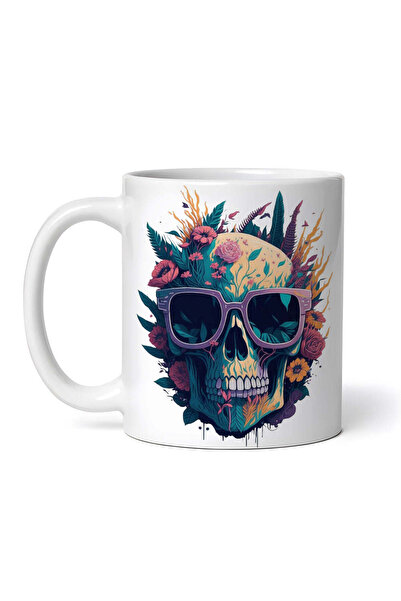 OEM Εξατομικευμένη λευκή κούπα, Κρανίο με λουλούδια, INOVATIX®. 330ml