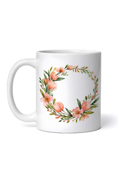 OEM Personalized white mug, Crown with flowers and peach buds, INOVATIX®. 330ml