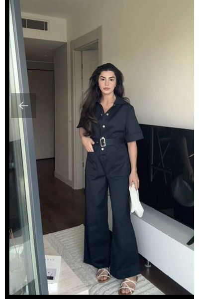 Butik Navy Blue Front Pocket Detailed Short Sleeve Polo Collar Belted Jumpsuit