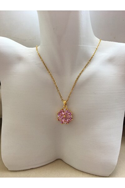 GUNESTAKI Gold Kenarlı Pembe Kuvars Taşlı Çelik Kolye
