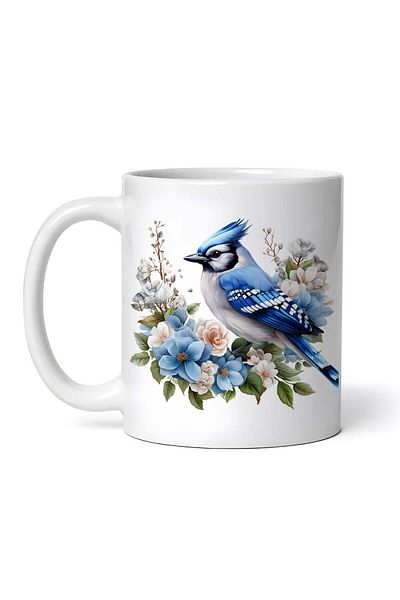 OEM Cană albă personalizată, Cardinal albastru pe ghirlandă de flori, INOVATIX®. 330ml