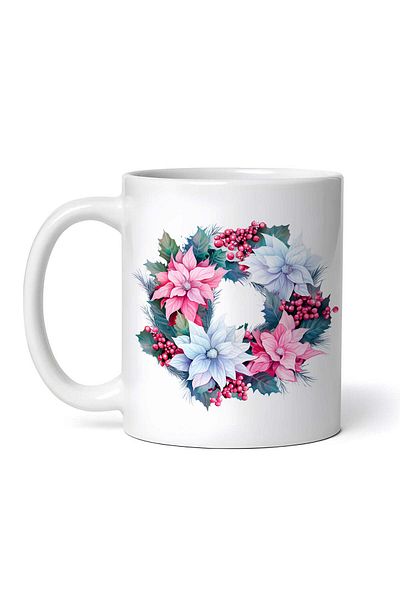OEM Cană albă personalizată, aranjament floral roz albastru de Crăciun, INOVATIX®. 330ml