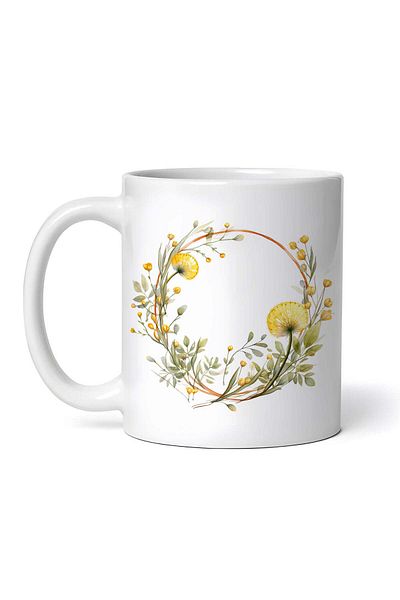 OEM Personalized White Mug, Crown With Dandelions And Green Leaves, Inovatix®. 330ml