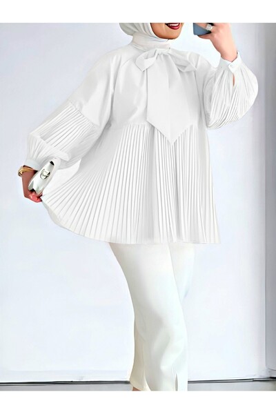 HİJABAYA Tunic with Lace-Up Collar, Sleeves and Pleated Skirt