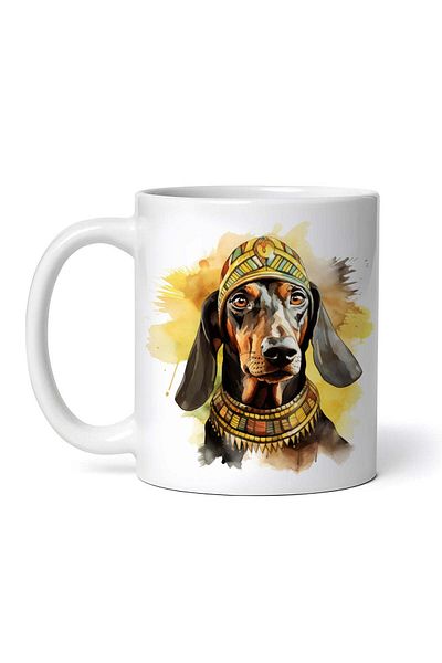 OEM Cană albă personalizată, câine Dachshund egiptean cu coroană și colier, Inovatix®. 330 ml