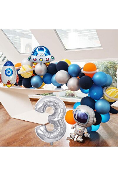 Patladı Gitti Space Themed Birthday Set 3 Years Old; 4 Foil, 56 Latex Balloons, Banner, Balloon Chain, Balloon Tape