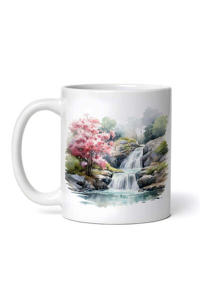 OEM Cană albă personalizată, Cascadă cu copaci înfloriți, Inovatix®. 330 ml