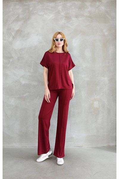 Athletic Sports Modal Pi̇ke Fabric Grass Wide Leg Short Sleeve Striped Detail Suit