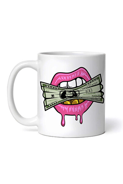 OEM Cană albă personalizată, Buze care strâng cu dinții o bancnotă de 100 de ...