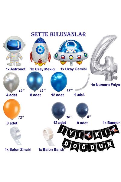 Patladı Gitti Space Themed Birthday Set 4 Years Old; 4 Foil, 56 Latex Balloons, Banner, Balloon Chain, Balloon Tape