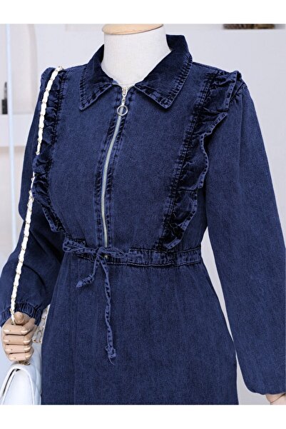 HİJABAYA Ruffled waist pleated denim dress