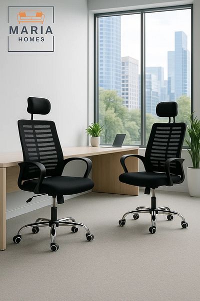 MARIA HOMES Black Mesh Office Chair with Headrest and Curved Armrests – Ergonomic Design for Daily Comfort