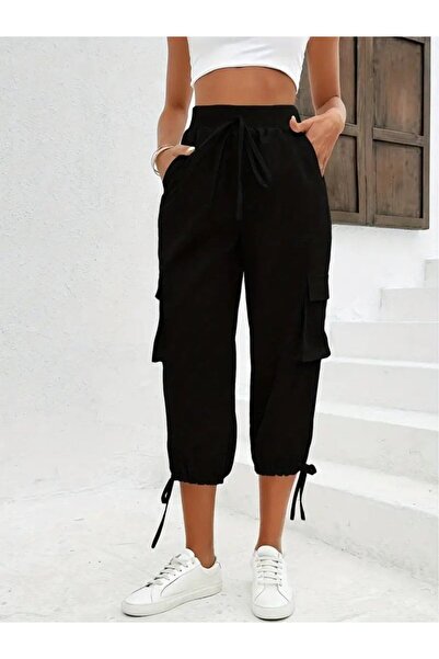 Queene Dreams Women's High Waist Elastic Waist Lace up Pocket Cargo Viscose Two Thread Pants