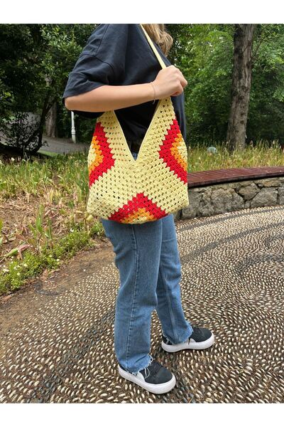 wolka Butter Yellow Renkli Bohem Model %100 El Yapımı Kroşe Tote Çanta