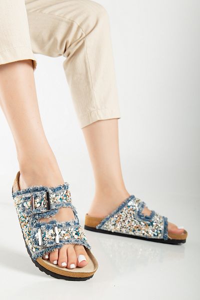 Reyonda ayakkabı Women's Natural Stone Blue Denim Double Buckle Sea Stone Orthopedic Slippers