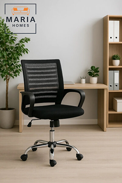 MARIA HOMES Black Mesh Office Chair with Curved Armrests and Adjustable Heigh...