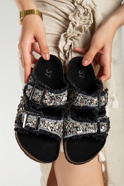 Reyonda ayakkabı Women's Natural Stone Black Denim Double Buckle Sea Stone Orthopedic Slippers