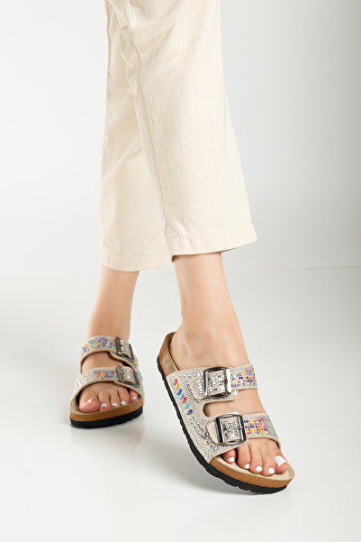 Reyonda ayakkabı Women's Natural Stone Beaded Beige Double Buckle Orthopedic Slippers