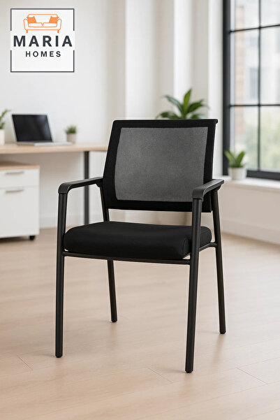 MARIA HOMES كرسي مكتب زائر شبكي أسود مع مقعد مبطن وإطار معدني