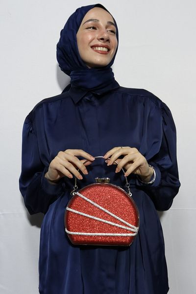 BUKAWEAR Women's Red Glitter Silver Striped Flask Model Evening Dress Bag