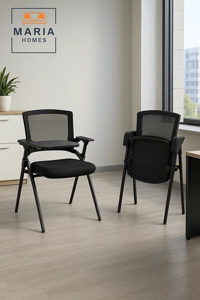 MARIA HOMES Black Training Chair with Foldable Writing Pad and Mesh Back – Stackable Design