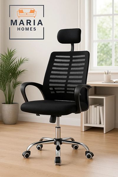MARIA HOMES Black Mesh Office Chair with Headrest and Curved Armrests – Ergonomic Design for Daily Comfort