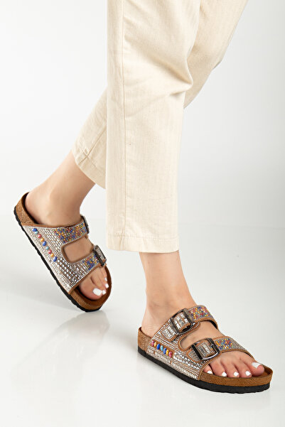 Reyonda ayakkabı Women's Natural Stone Beaded Tan Double Buckle Orthopedic Slippers