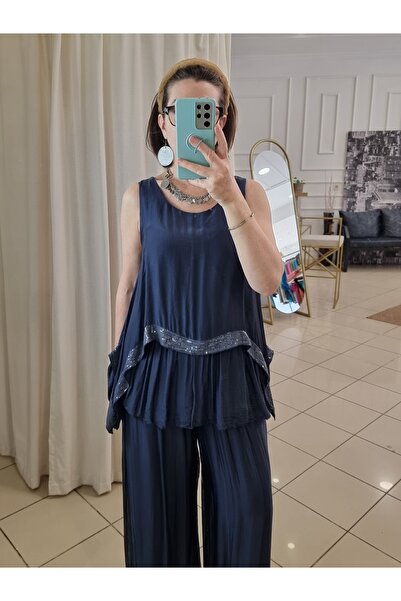 pudubutik Folded Silk Tank Top Blouse Navy Blue Italian