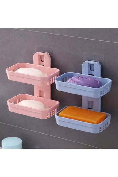 DRAMA HOME حامل صابون يمكن تثبيته على الحائط من طبقتين وردي/أزرق