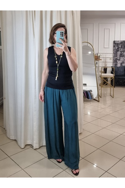 pudubutik بنطلون حرير إيطالي أخضر بترولي