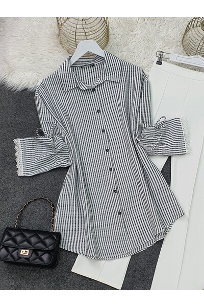 HİJABAYA Lace-Up Striped Shirt with Ruched Sleeves