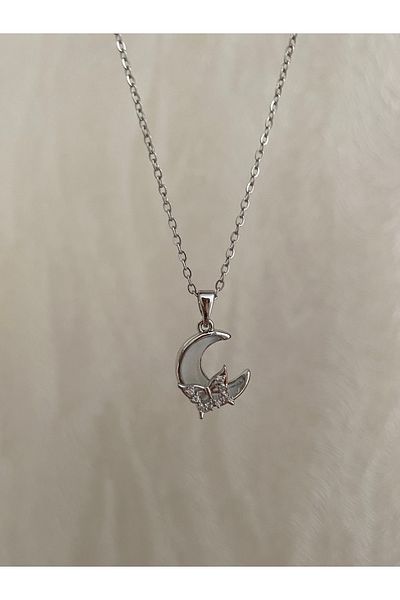 Petek Collection Butterfly Detailed Steel Moon Necklace (Silver Color)